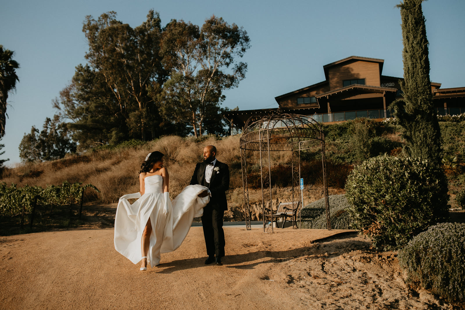 Newlyweds walking toward the camera on a vineyard path